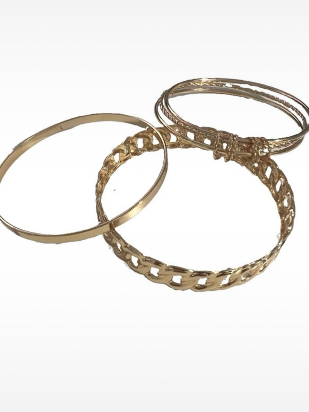 3 Goldtone bracelets bangles various thickness 
Dainty statement bracelets